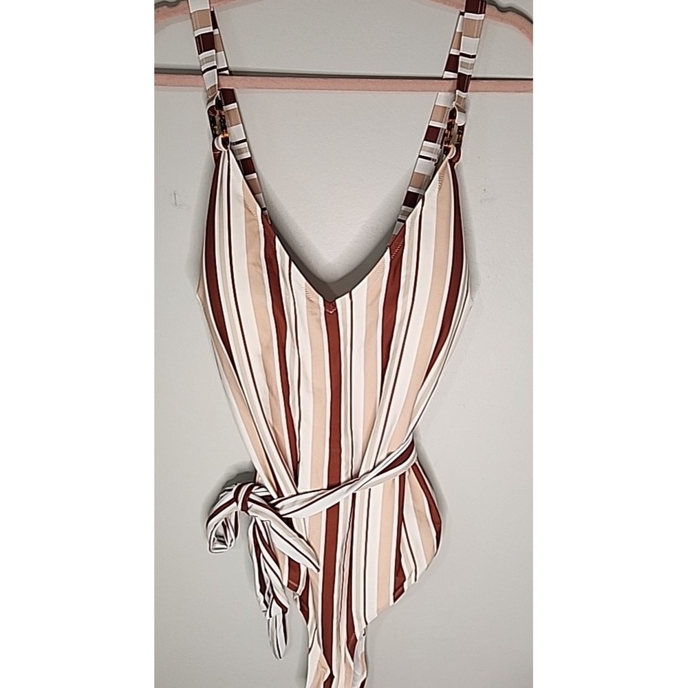 Cupshe Women Brown Tan Striped V-Neck Belted One Piece Swimsuit 4X NWT